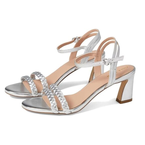 NIB Cole Haan Alyse Metallic Braided Ankle Strap Sandals Sz 8.5 Silver Leather - Picture 1 of 11